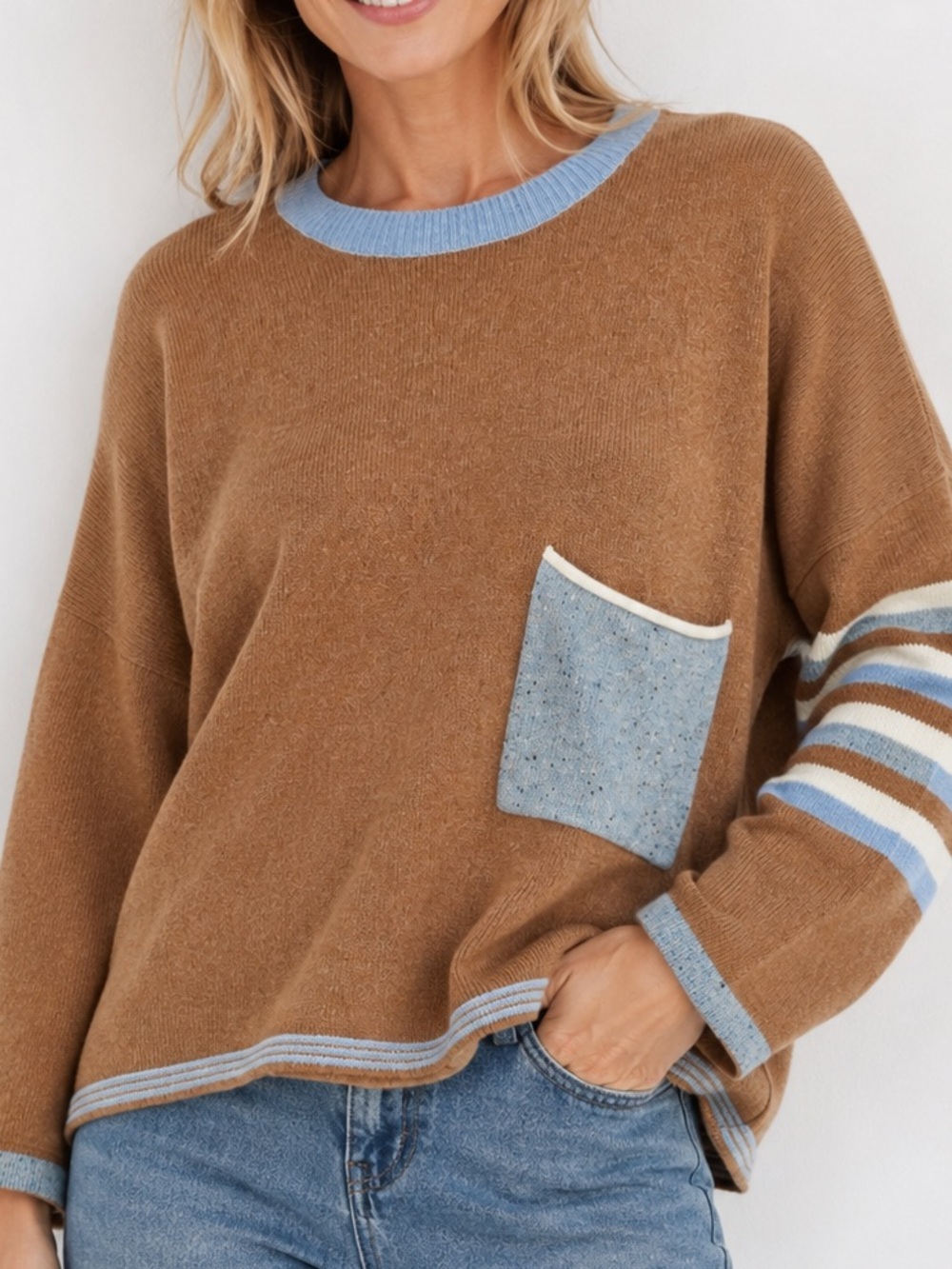 Zaket & Plover Merino Wool Sweater XL Camel Blue Colorblock Pocket Knit Top